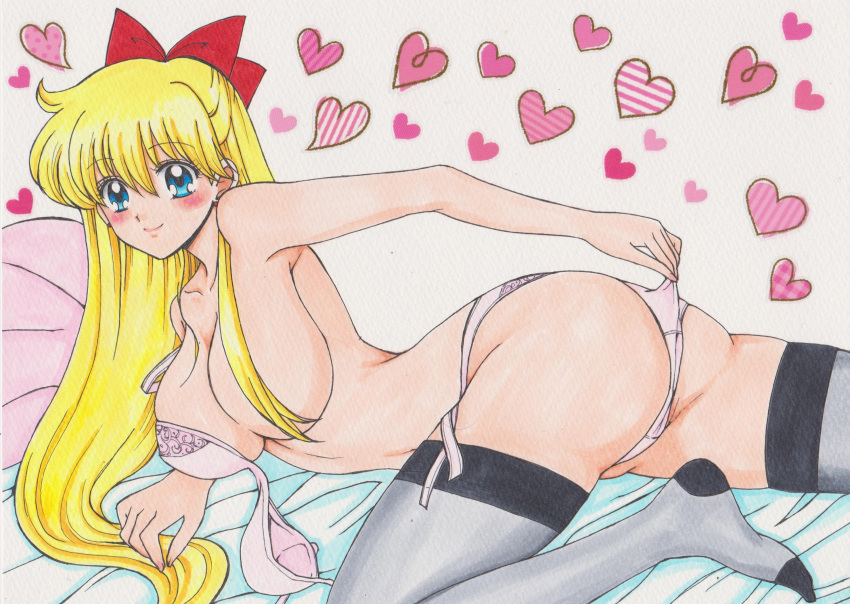 1990s_(style) 1girl adult_swim alluring big_breasts bishoujo_senshi_sailor_moon blonde_hair blue_eyes bra high_res long_hair minako_aino on_bed panties pin_up rascal_(n119) sailor_venus toei_animation toonami underwear