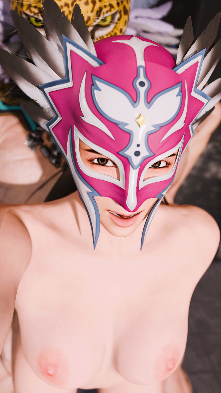 1boy 1girl 3d big_breasts blender brown_eyes brown_hair forsavide implied_sex jaycee julia_chang king_(tekken) looking_at_viewer mask namco nipples nude selfpic standing_sex tekken tekken_8 tekken_tag_tournament_2