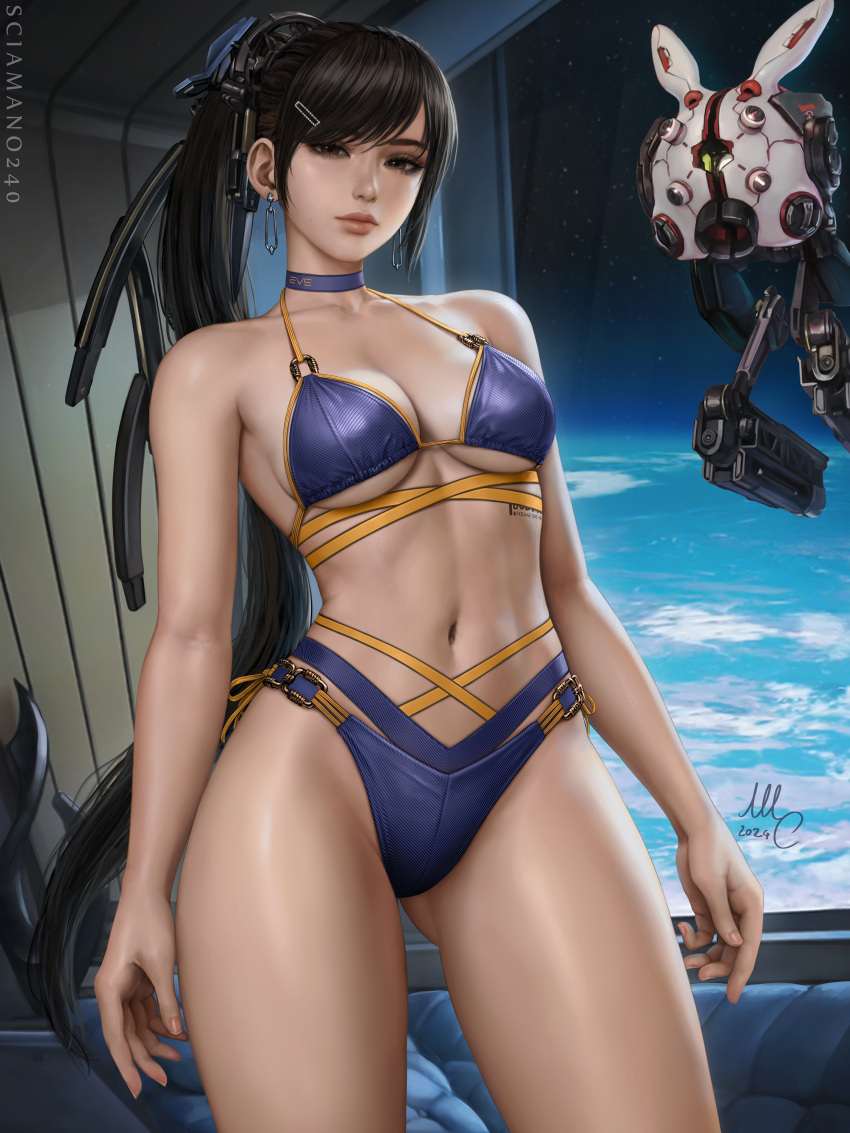 1girl 1girl 1girl absurd_res absurd_res alluring android android_girl asian asian_female athletic athletic_female bangs bare_arms bare_shoulders bare_skin bare_thighs big_breasts big_breasts bikini bikini_bottom bikini_top black_hair blue_bikini blue_bikini_bottom blue_bikini_top blue_bra blue_choker blue_clothes blue_clothing blue_panties blue_underwear blunt_bangs bra brown_eyes casual choker cleavage clothed clothing curvaceous curvaceous_body curvaceous_female curvaceous_figure curvy curvy_body curvy_female curvy_figure cute_face drone earring earrings earth eve_(stellar_blade) female_focus female_only fit fit_female fully_clothed hair_ornament hairclip high_res high_resolution hips indoors large_filesize light-skinned_female light_skin long_hair long_ponytail looking_at_viewer midriff panties perky_breasts planet ponytail revealing_clothes sciamano240 shift_up slim_girl slim_waist solo_female solo_focus sony_interactive_entertainment space space_background space_station standing stellar_blade thick_thighs thighs tight_clothing toned toned_body toned_female under_boob underwear wide_hips