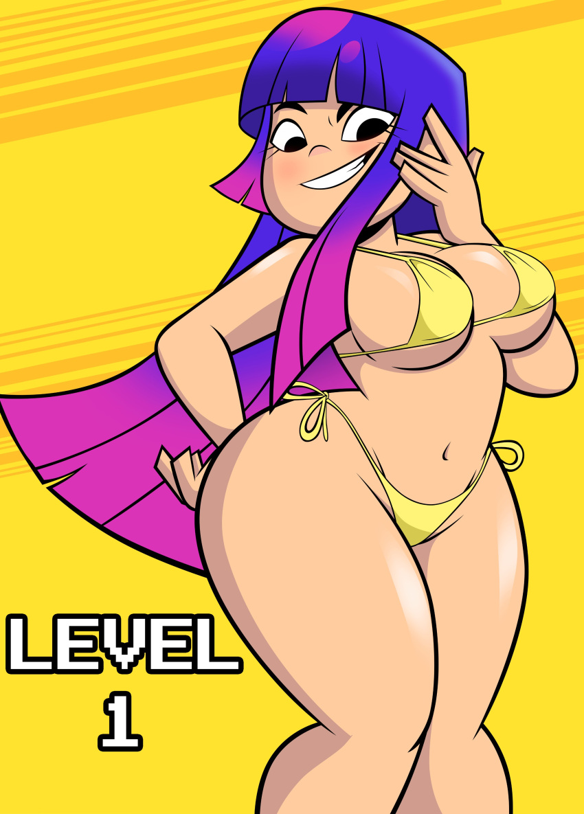 1girl 1girl 1girls aged_up bare_shoulders big_breasts big_breasts bikini bikini_bottom bikini_top black_eyes blue_hair blush breasts curvy detailed_background english_text eyelashes female_only front_view g-string glitch_techs grimphantom grin hourglass_figure human long_hair looking_down midriff miko_kubota multicolored_hair pose posing purple_hair shiny shiny_skin side-tie_bikini sidelocks skimpy smooth_skin standing string_bikini swimsuit text thick_thighs thong under_boob voluptuous wide_hips