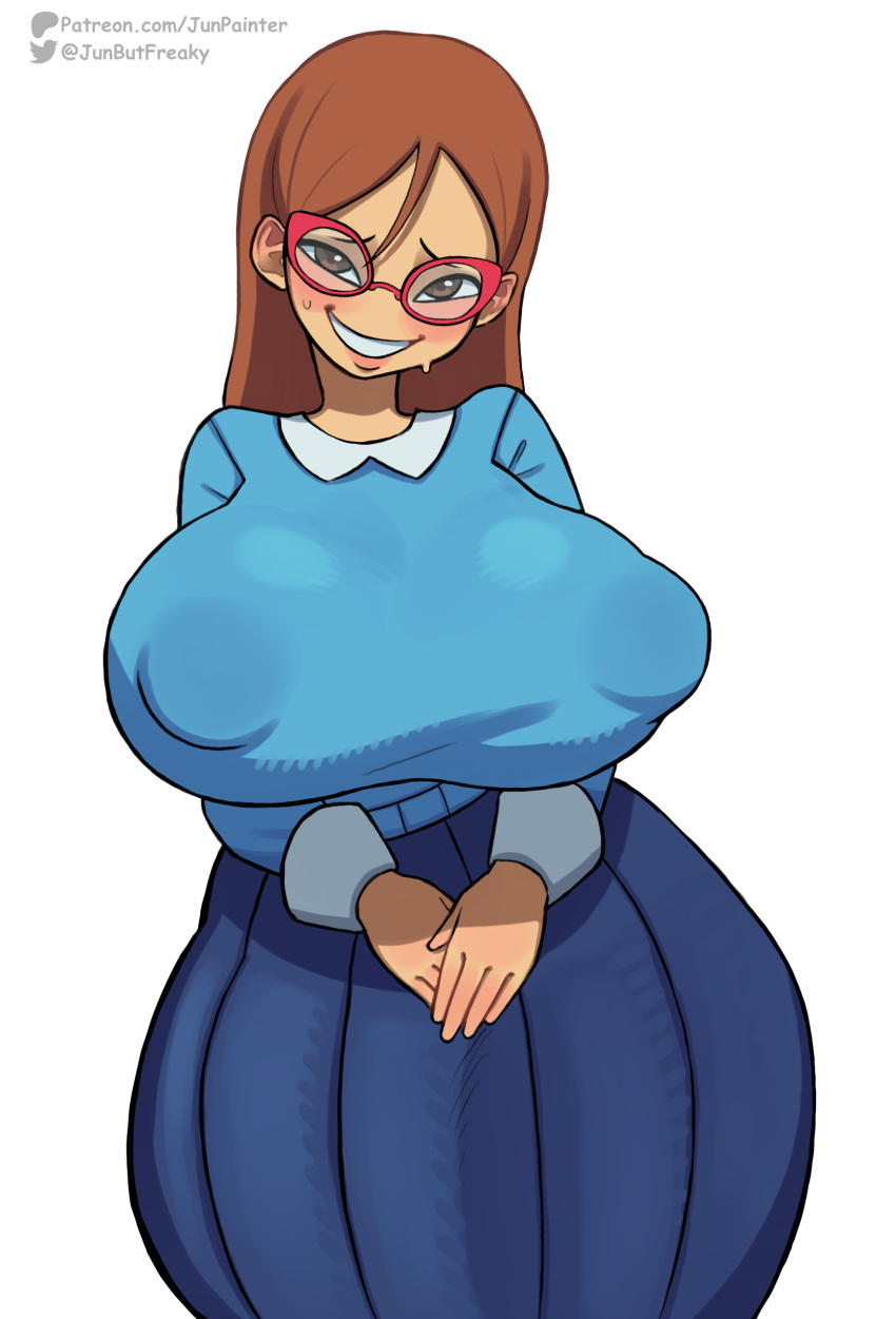 1girl 1girl 1girls big_breasts big_breasts blue_dress blue_shirt bra breast_focus breasts brown_eyes brown_hair bubble_ass bubble_butt clothing dat_ass dress english english_text eyewear female_only glasses hair innocent junfreaky kindergarten_(game) kindergarten_3 long_hair mature mature_female ms._lovelett nipple nipples nipples_visible_through_clothing shirt smile solo_female sweat sweatdrop teacher teacher_outfit text wide_hips