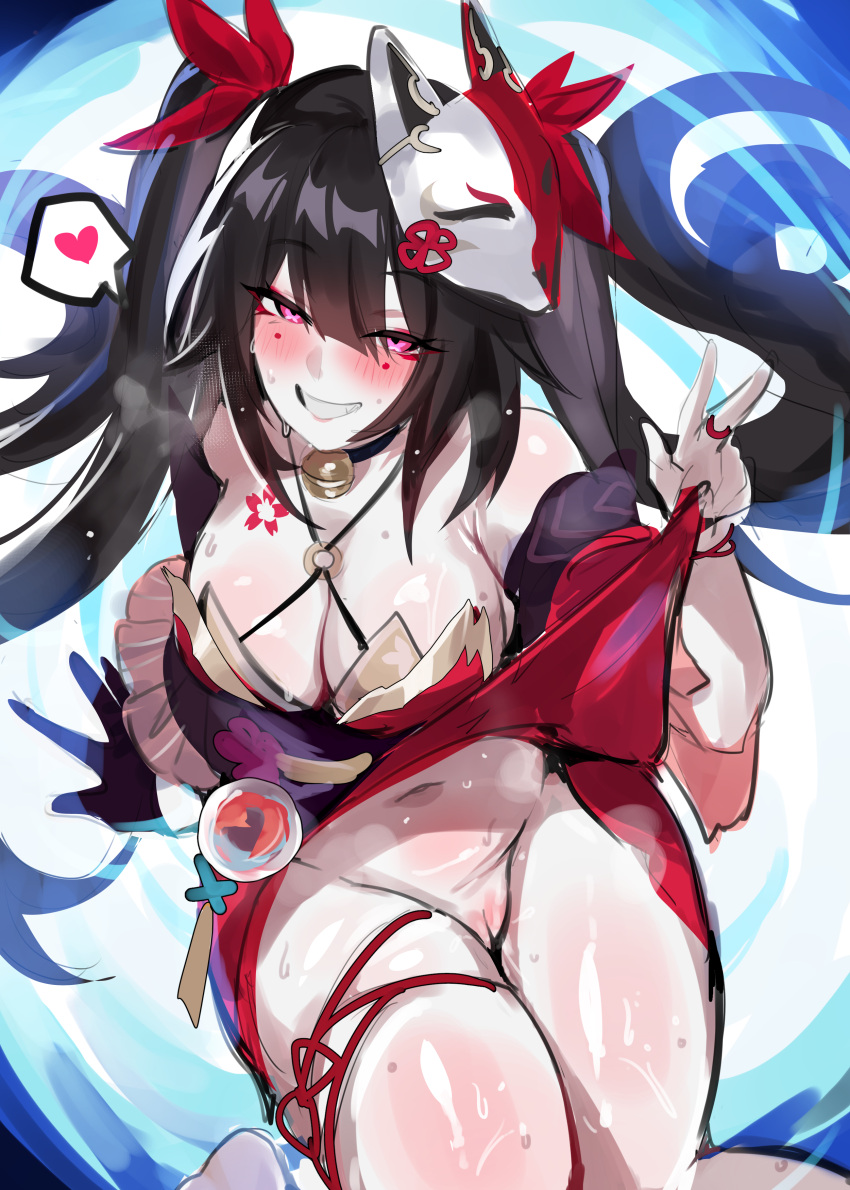 1girl 1girl absurd_res bare_shoulders big_breasts black_hair blush breasts choker cleavage detached_sleeves dress flower_tattoo fox_mask grin high_res honkai:_star_rail honkai_(series) kurenaiz1 long_hair looking_at_viewer mask mask_on_head navel no_panties pink_eyes pussy red_dress smile sparkle_(honkai:_star_rail) tattoo thighs twin_tails