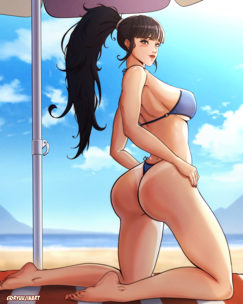 1girl 1girl alluring ass beach big_ass big_ass big_breasts big_breasts big_thighs bikini black_hair clothing curvaceous curvaceous_female curvaceous_figure curvy curvy_figure curvy_hips eve_(stellar_blade) female_focus female_only long_hair looking_at_viewer ponytail ryuujinart stellar_blade