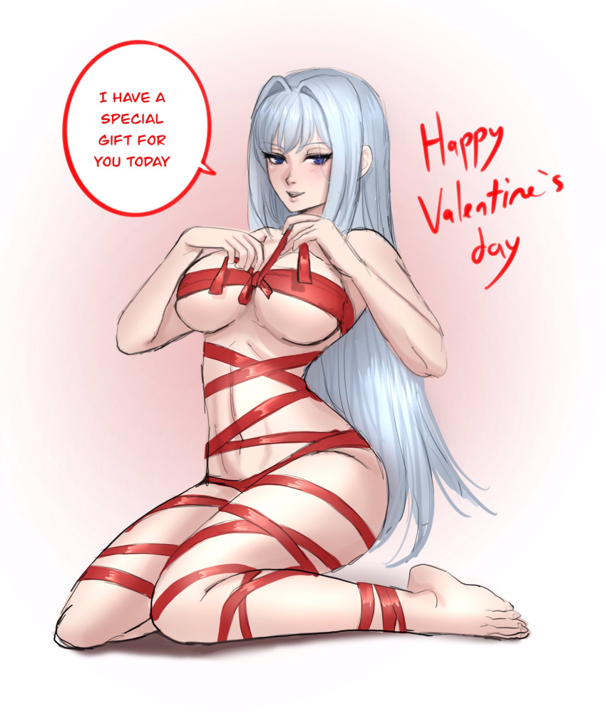 1girl 1girl alluring big_breasts blue_eyes bow bow_ribbon dialogue english_text ethel_(xenoblade) functionally_nude functionally_nude_female gift gift_wrapped gifting_self hidden_nipples kukimoonie long_hair looking_at_viewer monolith_soft moonllita_(artist) navel nude nude_female ribbon ribbon_bondage skindentation speech_bubble valentine's_day white_hair wrapped wraps xenoblade_(series) xenoblade_chronicles_3