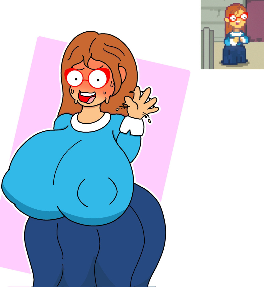 1girl 1girls 3d_glasses_shorty ass bending_over bent_over big_ass big_ass big_breasts big_breasts breasts clothed clothing female_focus female_only front_view glasses heart heart_symbol huge_ass huge_ass huge_breasts kindergarten_(game) kindergarten_3 large_ass ms._lovelett nerd nerdy_female orange_hair teacher thick_thighs thunder_thighs timid