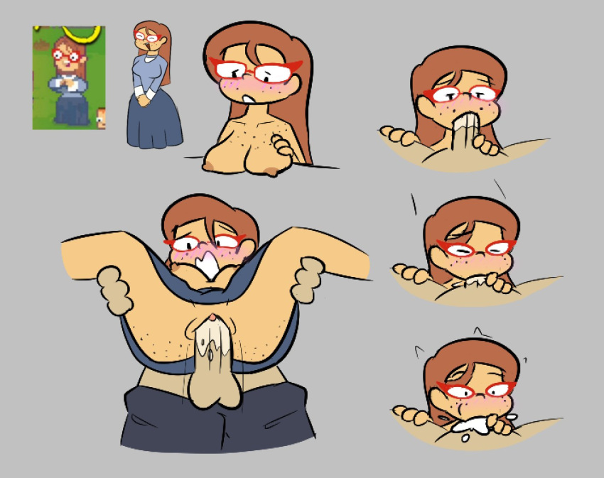 1girl 1girls big_breasts blush breasts brown_nipples clothed_sex fellatio female_focus freckles freckles_on_breasts freckles_on_face full_nelson glasses hero_star kindergarten_(game) kindergarten_3 light_skin ms._lovelett nude orange_hair pants_down pussy reference_image skirt spread_legs vaginal_penetration