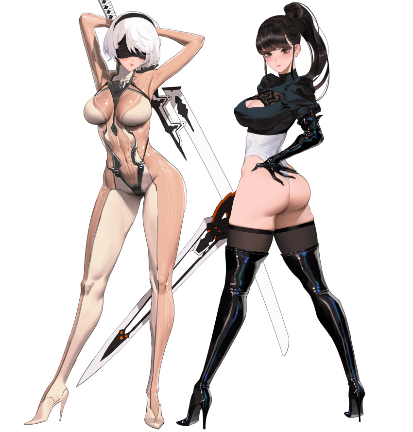 1girl 2_girls alluring android arms_up asian asian_female ass back_view big_ass big_breasts black_hair blush bob_cut boots cosplay costume_switch crossover eve_(stellar_blade) eve_(stellar_blade)_(cosplay) female_only gloves headband high_heels large_ass latex_boots long_hair long_legs nier nier:_automata nier_(series) paag skin_suit_(stellar_blade) skinsuit slim_waist stellar_blade stockings sword thick_thighs thighhigh_boots tied_hair white_hair wide_hips wonbin_lee yorha_2b yorha_2b_(cosplay) yorha_no._2_type_b