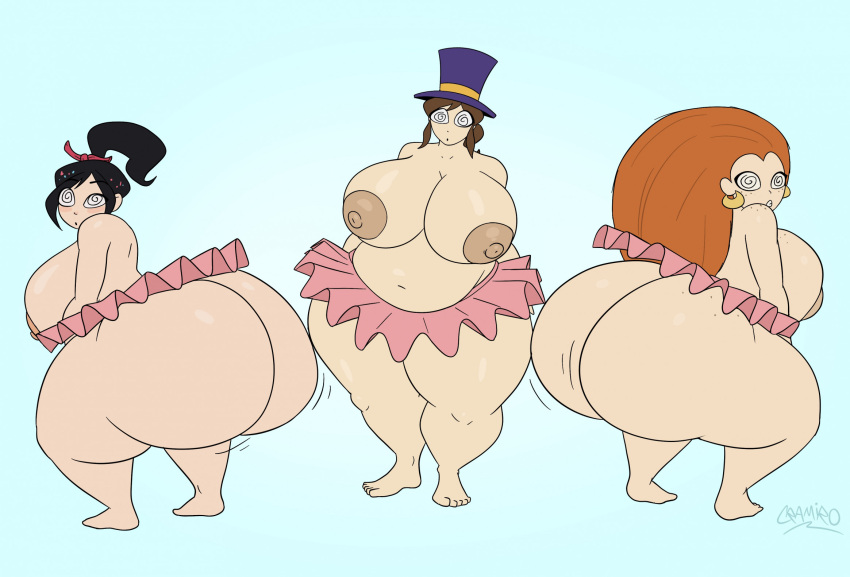 1girl 3_girls a_hat_in_time aged_up ass ass_bigger_than_head ass_focus bbw big_breasts black_hair breasts brown_hair cramiro crossover disney dumptruck_ass hat hat_adult hat_kid huge_breasts hyper_ass hypnosis hypnotic_eyes large_ass long_hair mebh_og_mactire navel nipples no_underwear orange_hair pink_nipples pink_skirt plump ponytail purple_hat revealing_clothes skirt thick thick_ass thick_body thick_bottom_lip thick_breasts thick_butt thick_hips thick_legs thick_thighs underass vanellope_von_schweetz voluptuous wolfwalkers wreck-it_ralph
