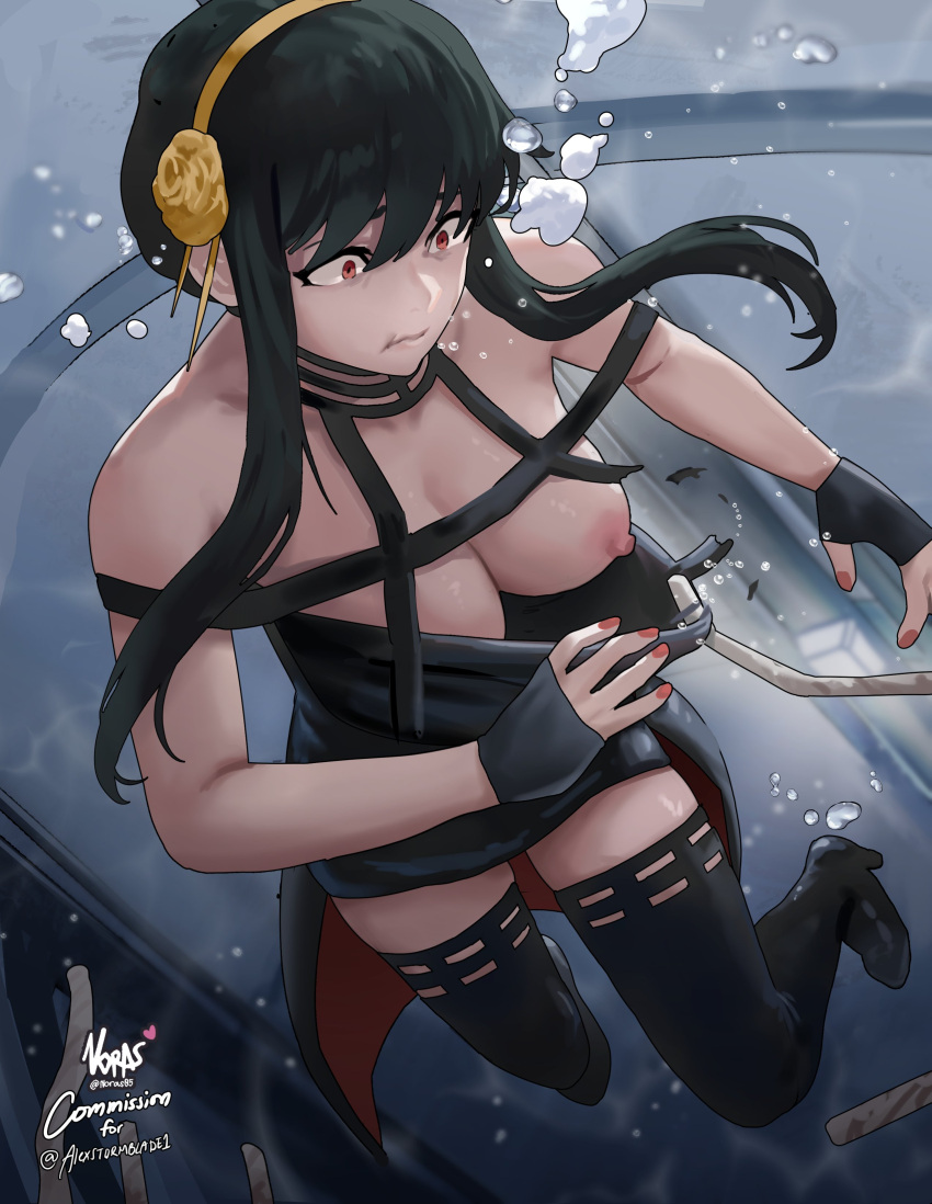 1girl absurd_res air_bubble armpits asphyxiation big_breasts black_hair boots breasts bubble cape caught chasing cleavage dress drowning earrings female female_focus fingerless_gloves floral_print gloves hairband high_heels high_res holding_breath jewelry medium_breasts nipples noras one_breast_out puff_of_air red_eyes scared sidelocks solo spy_x_family stockings swimming thighs underwater wide-eyed yor_briar