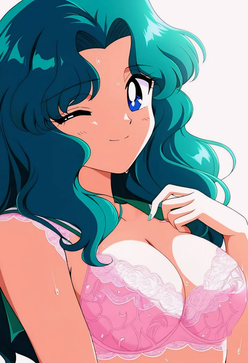 1girl accurate_art_style adult_swim alluring artist_request big_breasts bishoujo_senshi_sailor_moon bishoujo_senshi_sailor_moon_s bishoujo_senshi_sailor_moon_supers blue_eyes blue_eyes_female blush blushing_female bra closed_eye closed_mouth cute_face cute_girl eye_contact eye_contact_pov eye_open face_focus female_only hand_on_breast lingerie long_hair long_hair_female looking_at_viewer michiru_kaiou mouth_closed nightcore_(artist) open_eyes pink_bra pink_underwear remastered sweatdrop teal_hair toei_animation toonami upscaled wavy_hair white_background wink young_female younger_female