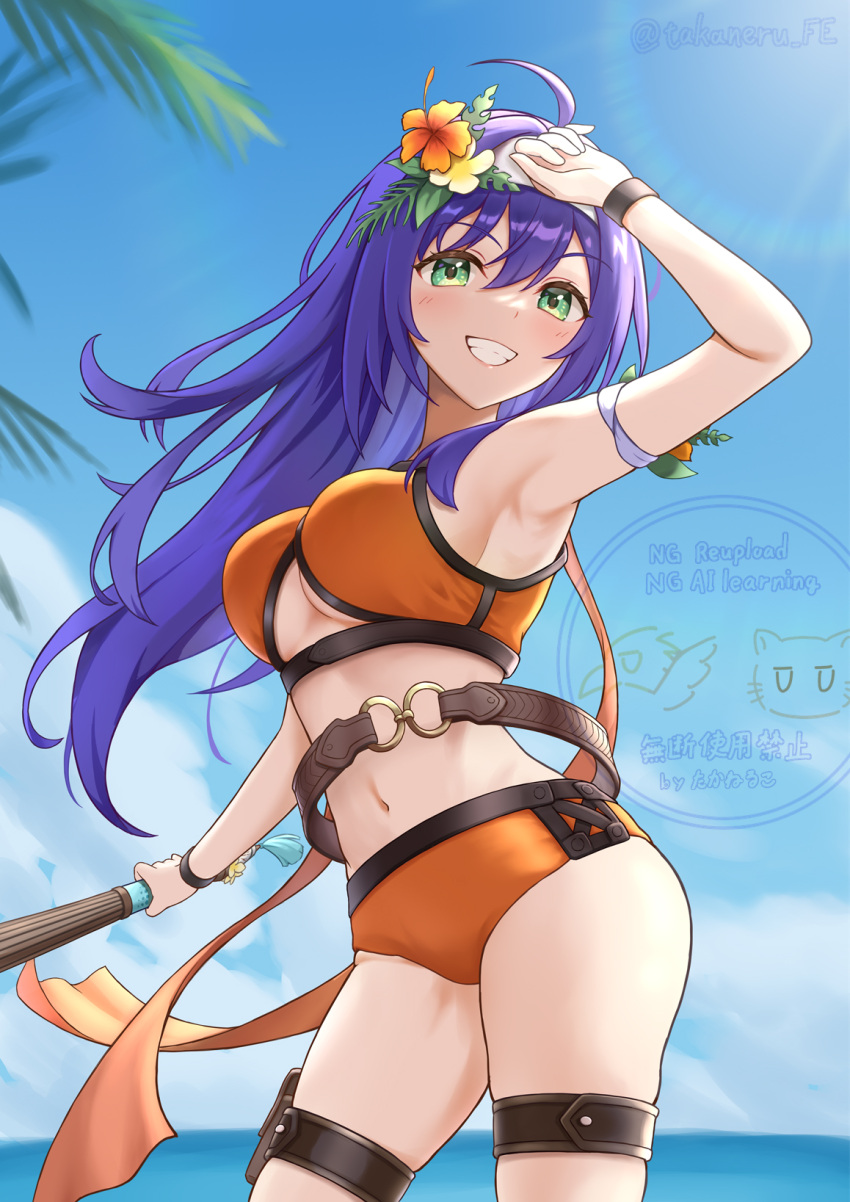 1girl ahoge alluring arm_up armpits big_breasts bikini blue_sky blush cloud fire_emblem fire_emblem:_path_of_radiance fire_emblem:_radiant_dawn fire_emblem_heroes flower flower_armlet from_below green_eyes grin hair_flower hair_ornament high_res intelligent_systems long_hair looking_at_viewer mia_(fire_emblem) mia_(summer)_(fire_emblem) navel nintendo ocean official_alternate_costume open_mouth orange_bikini orange_flower outside purple_hair sideboob skindentation sky smile stomach swimsuit takaneko teeth thigh_strap thighs under_boob water