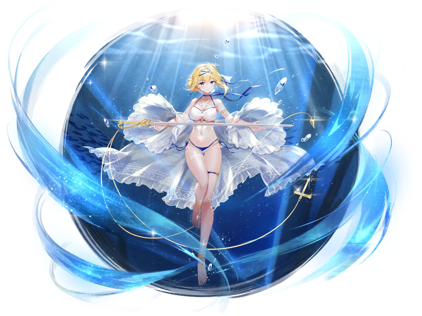 1girl air_bubble alternate_costume anklet azur_lane bare_legs bare_shoulders barefoot big_breasts bikini blonde_hair blue_bikini blue_choker blue_eyes blue_ribbon blush breasts bubble cg choker cleavage closed_mouth feet female freediving frills full_body hair_ornament hair_ribbon hairband halterneck holding holding_sword holding_weapon jeanne_darc_(azur_lane) jeanne_darc_(saintess_of_the_sea)_(azur_lane) jewelry looking_at_viewer medium_breasts navel o-ring official_alternate_costume official_art rapier revealing_clothes see-through see-through_sleeves short_hair short_hair_with_long_locks side-tie_bikini_bottom skindentation smile solo standing stomach swimsuit sword thigh_strap thighs toes transparent_background underwater water weapon white_bikini