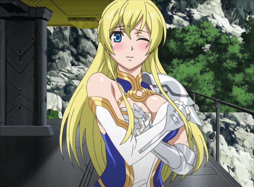 1girl anime armor armored_dress big_breasts blonde_female blonde_hair blue_dress blue_eyes blush breasts cleavage cleavage_cutout closed_mouth clothing_cutout crossed_arms dress embarrassed eyebrows_visible_through_hair female_only female_solo hair_between_eyes jeanne_kaguya_d'arc long_dress long_hair looking_at_viewer multicolored_clothes multicolored_dress neck nobunaga_the_fool one_eye_closed screencap shy sidelocks straight_hair two-tone_dress white_dress wince
