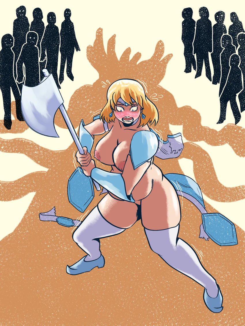 1girl armor armored armored_female art_trade axe battle_axe bbw belt big_breasts blonde_female blonde_hair blue_eyes breasts clothing_damage clothing_fell_apart clothing_on_floor clothing_on_ground crown crown_only cryokinesis devildances earrings embarrassed embarrassed_female embarrassed_nude_exposure embarrassed_nude_female enf fight fighting_monster frostbite_(gp_spices) gp_spices heels_only high_heels ice in_public monster monster_fight original original_art original_artwork original_character public_exposure public_humiliation public_nudity ripped_clothing ripped_pants shoes shoes_only short_hair superhero warrior