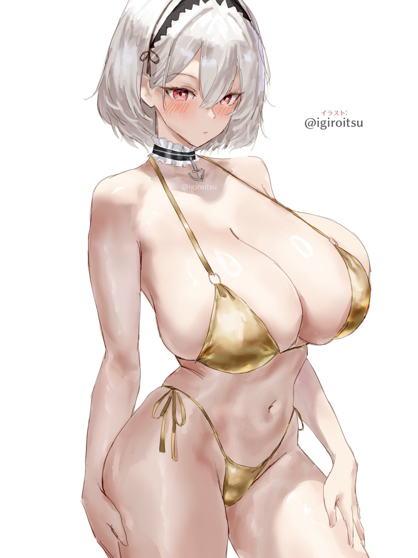 1girl azur_lane big_breasts bikini bubble_butt cleavage horny igiroitsu inviting_to_sex looking_at_viewer pose red_eyes sirius_(azur_lane) standing swimsuit teasing thick_thighs white_hair