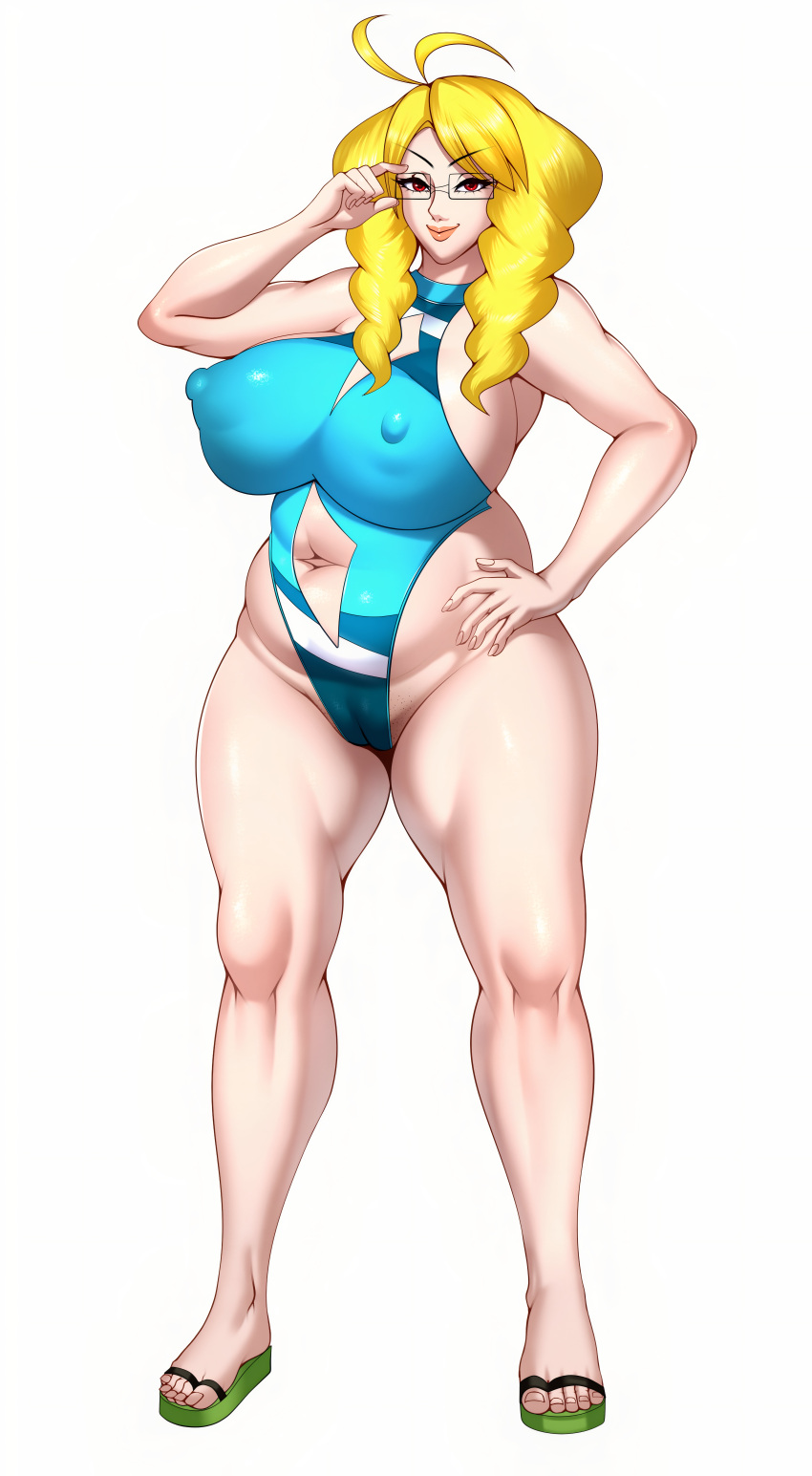 1girl big_ass big_breasts bikini blonde_hair glasses long_hair m_jr_art milf posing sandals seductive seductive_smile sexy swimsuit thick yellow_hair