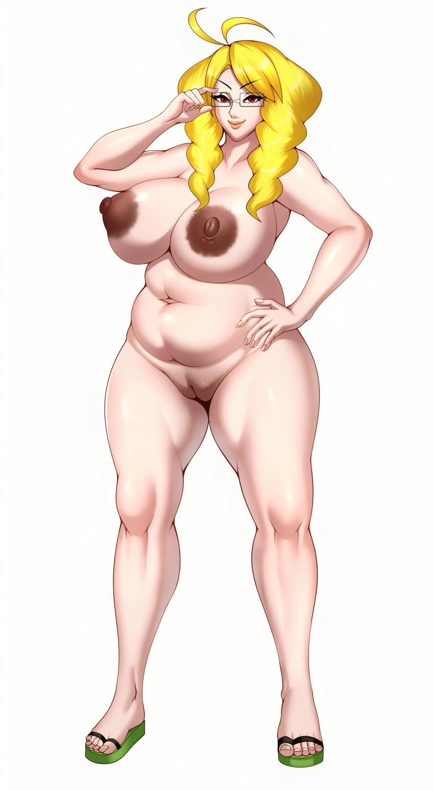 1girl big_ass big_breasts blonde_hair glasses long_hair m_jr_art milf posing sandals seductive seductive_smile sexy thick yellow_hair