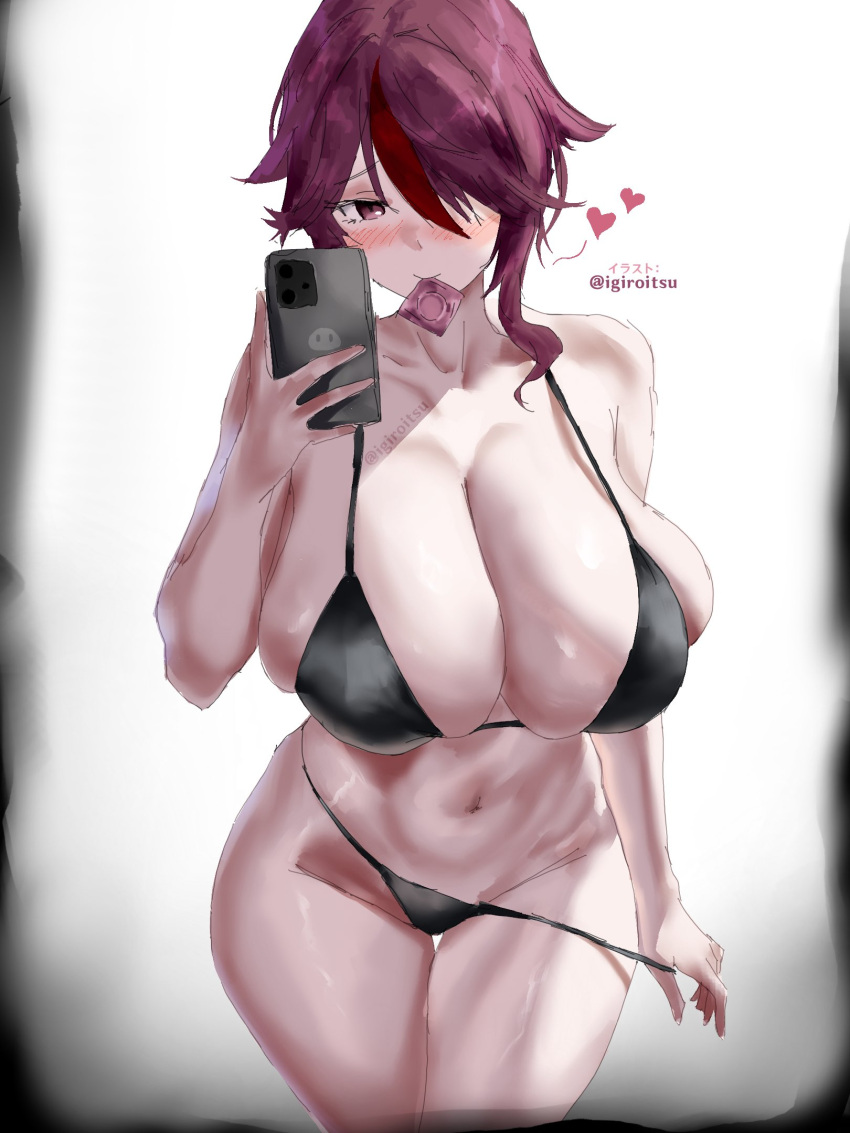 1girl big_breasts bikini bubble_butt cleavage condom condom_in_mouth genshin_impact horny igiroitsu inviting_to_sex looking_at_viewer pose red_eyes red_hair rosaria_(genshin_impact) standing swimsuit teasing thick_thighs undressing
