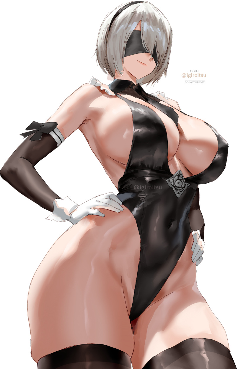 1girl big_breasts blindfold bubble_butt cleavage eve_(stellar_blade) horny igiroitsu inviting_to_sex nier nier:_automata nier_(series) pose standing stellar_blade stockings teasing thick_thighs white_hair yorha_2b_(cosplay)