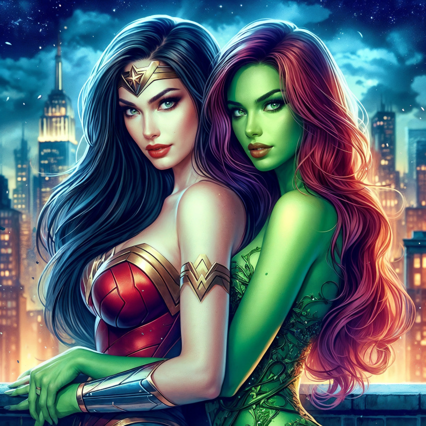 2_girls amazon aqua_eyes armlet bangs bare_arms bare_shoulders batman_(series) big_breasts black_hair blurry blurry_background bracer breasts building city cityscape cleavage cloud collarbone couple dc_comics dcau diana_prince duo female/female female_only from_side green_eyes green_skin grin heroine holding_hands hug_from_behind hugging hugging_from_behind jewelry lips lipstick long_hair looking_at_viewer love makeup medium_breasts multiple_girls mutual_yuri naughty_face neck night night_sky outside pamela_isley parted_bangs parted_lips poison_ivy red_hair red_lipstick romantic romantic_couple rooftop side_view sky smile starry_sky straight_hair strapless superhero_costume superheroine supervillainess themysciran tiara upper_body villainess wavy_hair wildstrings wildstrings_(artist) wonder_woman wonder_woman_(series) yuri