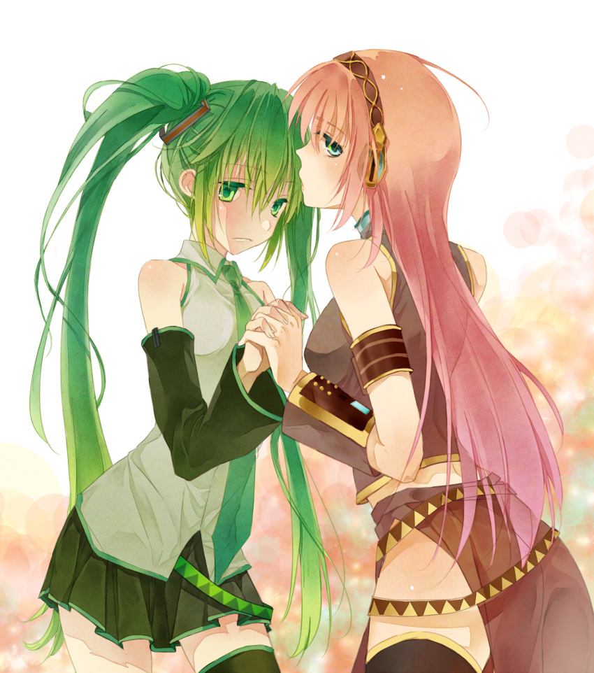 2_girls aqua_hair ass bare_shoulders big_breasts black_detached_sleeves black_skirt blue_eyes blush breasts collared_shirt couple detached_sleeves duo female/female female_only friends gradient gradient_background green_eyes green_hair grey_shirt hair_between_eyes hand_up hatsune_miku headphones holding_hands interlocked_fingers long_hair looking_at_viewer looking_back love luka_megurine megurine_luka miku_hatsune miniskirt multicolored_hair multiple_girls mutual_yuri neck neck_tie pink_hair platinumcorundum pleated_skirt romantic romantic_couple shirt side_slit skirt sleeveless_shirt small_breasts standing straight_hair tied_hair twin_tails very_long_hair vocaloid yuri