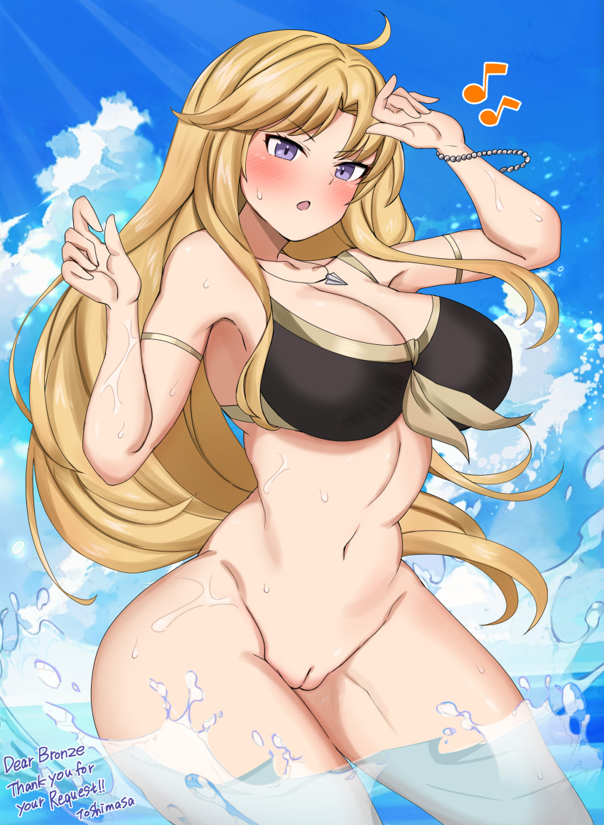 1girl alluring bare_legs big_breasts bikini blonde_female blonde_hair clarisse_(fire_emblem) commission commissioner_upload fire fire_emblem fire_emblem:_new_mystery_of_the_emblem intelligent_systems naked_from_the_waist_down nintendo pussy toshimasa water