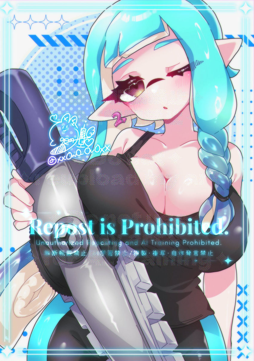 1girl 1girl 1girls artist_signature big_breasts breast_squeeze breasts breasts_focus cyan_hair do_not_repost earrings inkling inkling_girl miiinatochanowo ninja nintendo pointed_ears pointy_ears solo_female solo_focus splatoon tentacle_hair twitter_link twitter_username winking_at_viewer