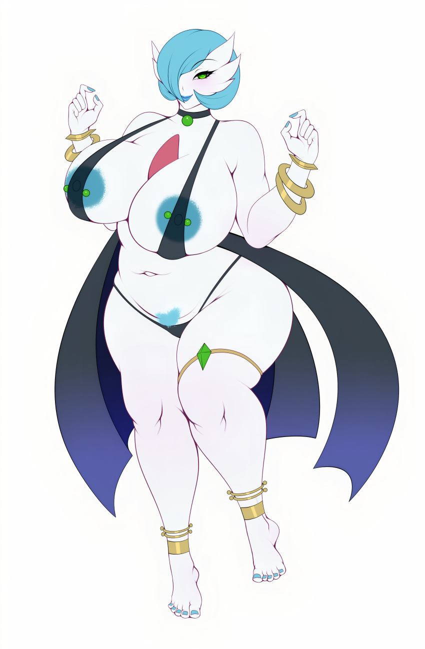 1girl big_ass big_breasts blue_hair cerea_(bluedoggie) gardevoir gold_jewelry lingerie m_jr_art milf necklace nipple_piercing piercings posing pubic_hair seductive sexy short_hair slave_bikini white_skin