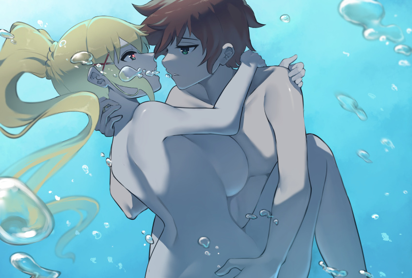 1boy 1girl absurd_res air_bubble big_breasts biru_saeika blonde_hair breasts brown_hair bubble completely_nude darkness_(konosuba) female hair_ornament hand_on_another's_ass hand_on_another's_shoulder heart heart-shaped_pupils high_ponytail high_res hugging kono_subarashii_sekai_ni_shukufuku_wo! long_hair male nude open_mouth parted_lips ponytail profile satou_kazuma symbol-shaped_pupils underwater very_long_hair x_hair_ornament