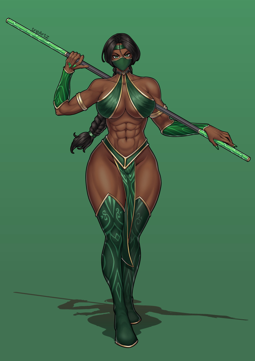 1girl 1girl 1girl abs alluring athletic_female big_breasts black_hair dark-skinned_female dark_skin edenian female_abs female_only fit_female jade_(mortal_kombat) mask midway_games mortal_kombat pole solo_female solo_focus staff thighs thotlerrr treartz
