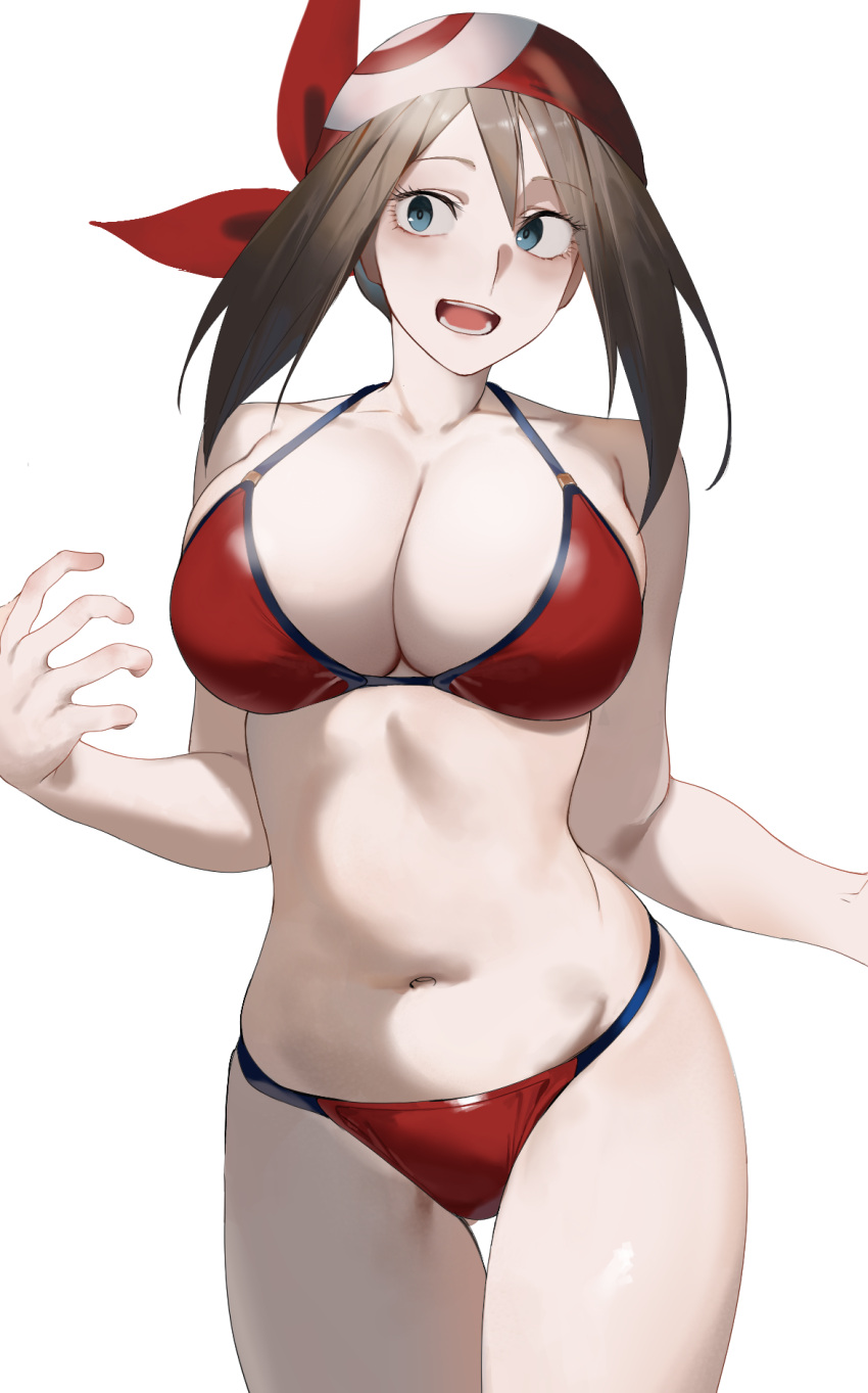 1girl 1girl 1girl alluring bandana big_breasts bikini blue_eyes blush brown_hair cleavage cowboy_shot high_res keiz may may_(pokemon) navel nintendo open_mouth pokemon pokemon_bw2 red_bandana red_bikini simple_background standing stomach swimsuit thighs white_background