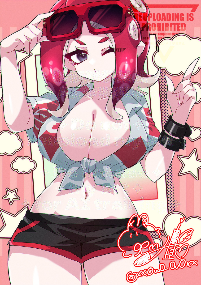 1girl 1girl 1girl big_breasts breasts cleavage dolphin_shorts limon_(limon_limes) looking_at_viewer miiinatochanowo nintendo one_eye_closed red_hair shirt_tied_up short short_hair shorts splatoon tentacle_hair thighs