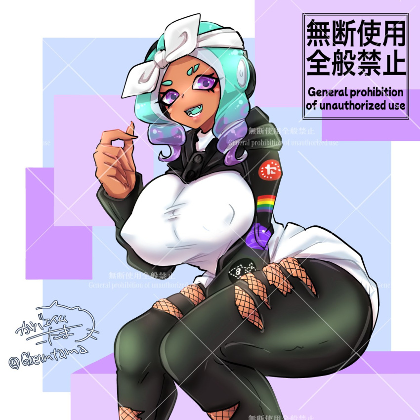 1girl 1girl 1girl big_breasts breasts covered_nipples curly_hair gbeimtama hoodie nintendo open_mouth pants para_(voidedparadigm) purple_eyes splatoon splatoon_3 tentacle_hair two_tone_hair