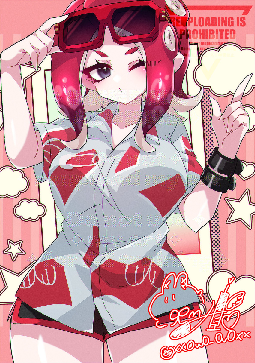 1girl 1girl 1girl big_breasts breasts dolphin_shorts limon_(limon_limes) looking_at_viewer miiinatochanowo nintendo one_eye_closed red_hair short short_hair shorts splatoon tentacle_hair thighs