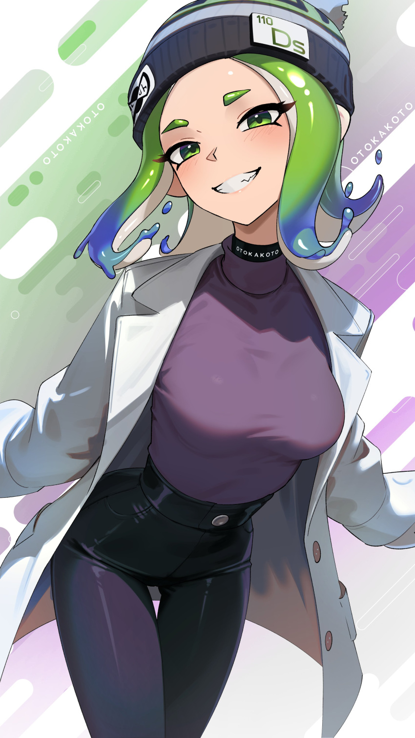 1girl 1girl 1girls artist_name beanie big_breasts black_pants breasts coat green_eyes green_hair labcoat looking_at_viewer mev_(mevlingo) nintendo octoling octoling_girl otokakoto pants short_hair splatoon tentacle_hair turtleneck