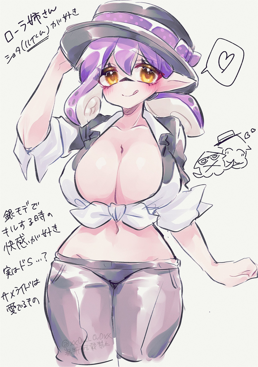 1girl 1girl 1girls :q big_breasts black_legwear boater_hat breasts cleavage hair heart inkling inkling_girl japanese_text looking_at_viewer miiinatochanowo navel nintendo purple_hair short_hair simple_background solo_female solo_focus splatoon splatoon_(series) splatoon_2 splatoon_3 spoken_heart tentacle tentacle_hair tongue tongue_out translation_request white_background yellow_eyes