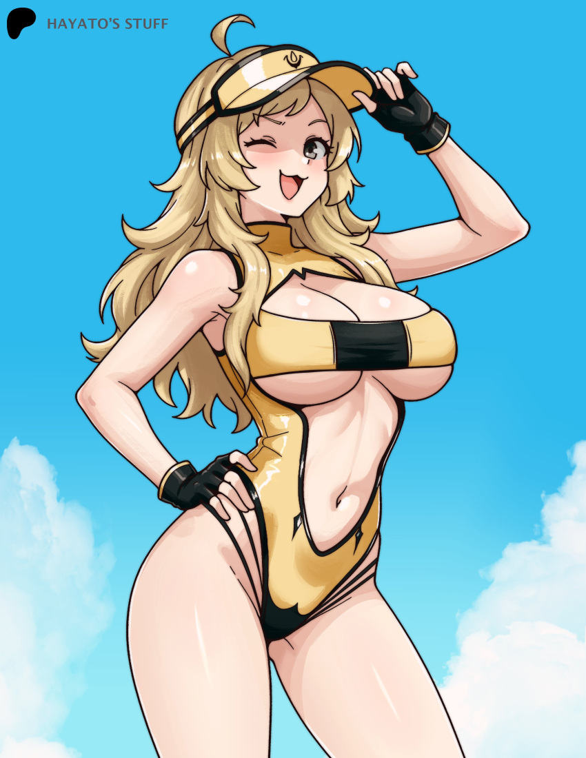 1girl 1girl ;3 absurd_res ahoge alluring alternate_costume big_breasts blonde_hair blue_sky cleavage fingerless_gloves fire_emblem fire_emblem_fates gloves gluteal_fold grey_eyes hand_on_own_hip hayato_stuff high_res intelligent_systems long_hair looking_at_viewer navel nintendo one-piece_bikini one_eye_closed open_mouth ophelia_(fire_emblem) sky stomach swimsuit thighs visor_cap yellow_one-piece_bikini