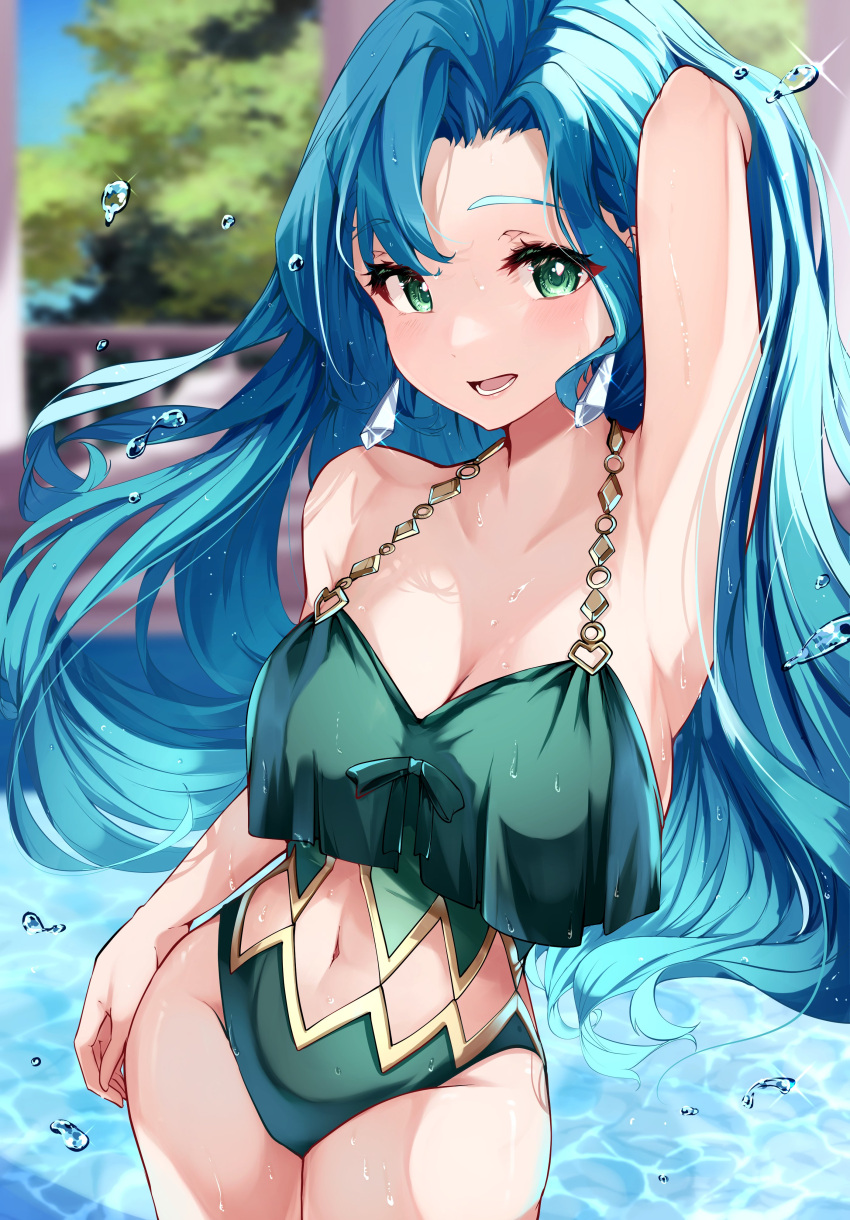 1girl 1girl absurd_res alluring alternate_costume arm_up bare_shoulders big_breasts blue_hair chloe_(fire_emblem) clothing_cutout earrings fire_emblem fire_emblem_engage green_eyes high_res intelligent_systems jewelry long_hair looking_at_viewer midriff navel nintendo risumi_(taka-fallcherryblossom) swimming_pool swimsuit water water_drop
