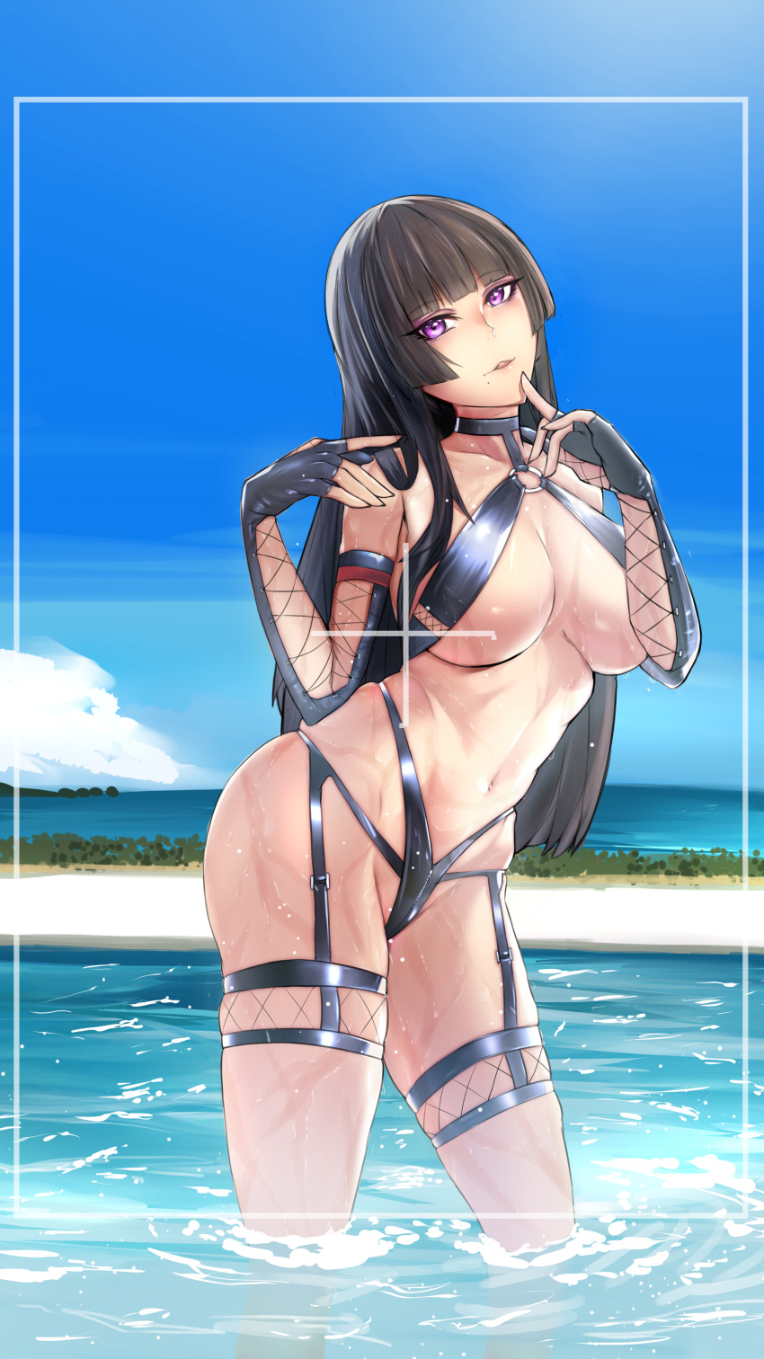 1girl 1girl absurd_res alluring bare_shoulders big_breasts bikini black_gloves black_hair blue_sky blunt_bangs bondage_outfit cleavage dead_or_alive dead_or_alive_6 dead_or_alive_xtreme_venus_vacation detached_sleeves elbow_gloves female_focus finger_to_mouth fingerless_gloves fishnet_sleeves fishnets garter_straps gloves head_tilt high_res hime_cut index_finger_raised looking_at_viewer midriff navel nyotengu o-ring o-ring_bikini parted_lips photo_shoot pool purple_eyes revealing_clothes skindentation sky swimming_pool swimsuit tecmo thick_thighs thigh_strap thighs tierla wading wet wide_hips