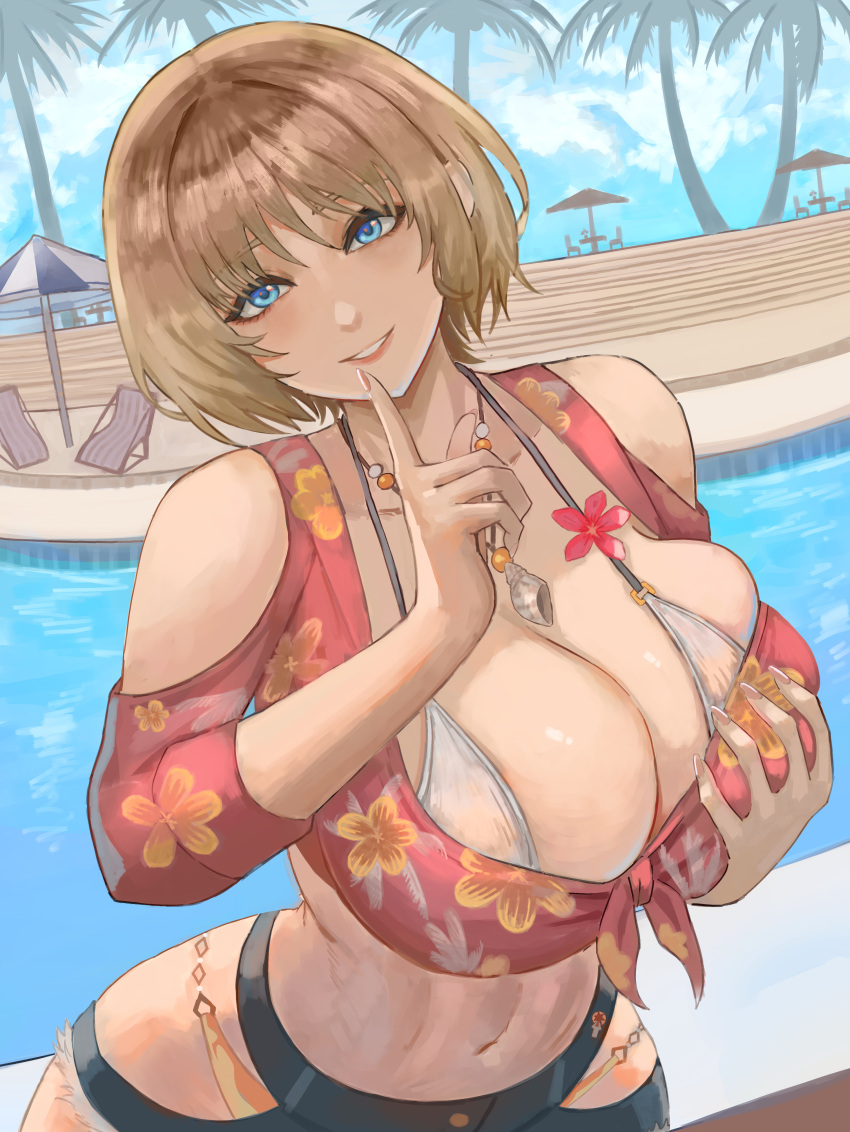 1girl 1girl absurd_res alluring big_breasts blonde_hair blue_eyes breasts clothing_cutout day dead_or_alive dead_or_alive_xtreme_venus_vacation floral_print flower_ornament grabbing_own_breast high_res hip_vent index_finger_raised jewelry looking_at_viewer meg_(doa) necklace palm_tree pool short_hair shorts sky smile swimming_pool tree voidmakerz water