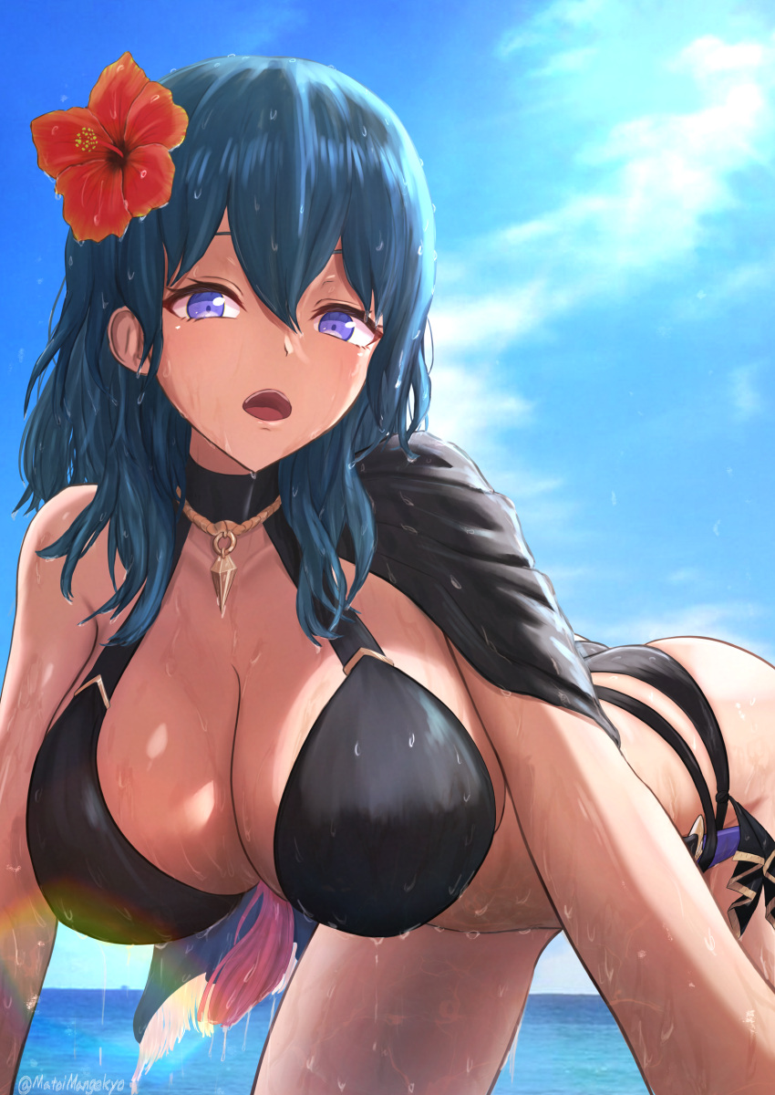 1girl 1girl alluring alternate_costume big_breasts bikini blue_eyes byleth_(fire_emblem) byleth_(fire_emblem)_(female) byleth_(summer)_(fire_emblem)_(female) cleavage fire_emblem fire_emblem:_three_houses fire_emblem_heroes intelligent_systems looking_at_viewer matoimangekyo nintendo open_mouth swimsuit teal_hair wet