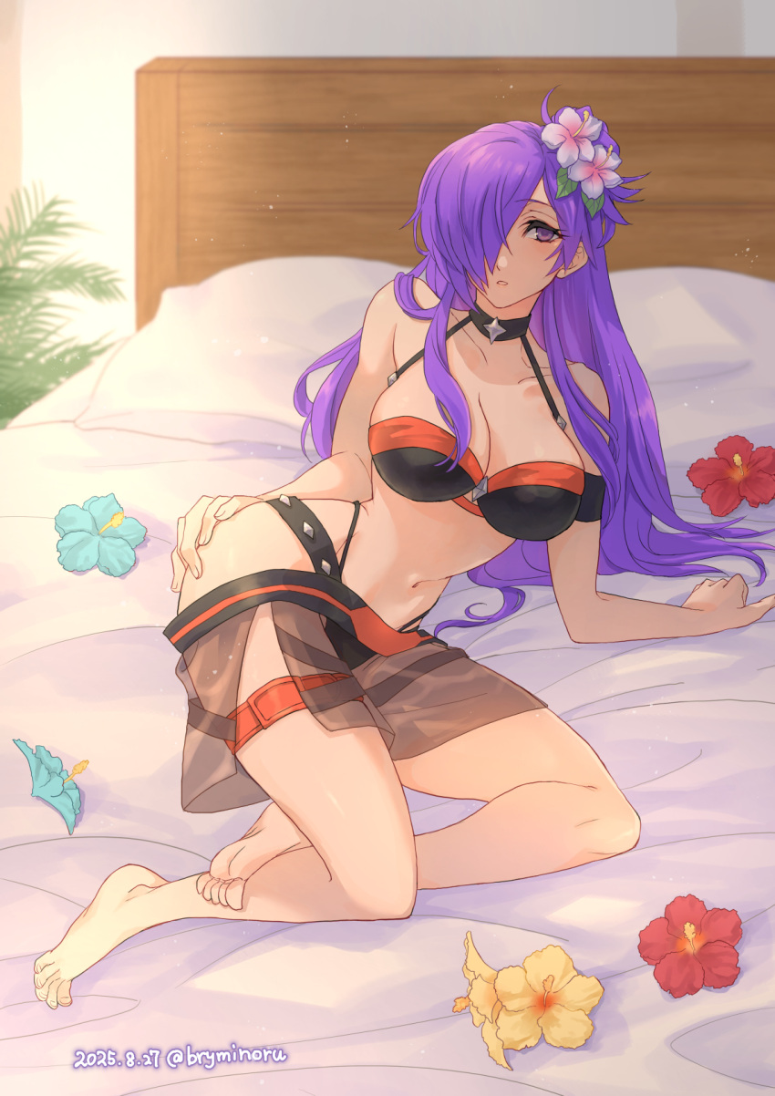 1girl 1girl alluring bare_shoulders bed big_breasts bikini black_bikini black_choker bryminoru choker cleavage closed_mouth fire_emblem fire_emblem:_three_houses fire_emblem_heroes fire_emblem_warriors:_three_hopes flower hair_flower hair_ornament hair_over_one_eye hibiscus high_res intelligent_systems long_hair looking_at_viewer lying navel nintendo official_alternate_costume on_side parted_lips purple_eyes purple_hair shez_(fire_emblem) shez_(fire_emblem)_(female) shez_(summer)_(fire_emblem) stomach swimsuit thigh_strap white_flower