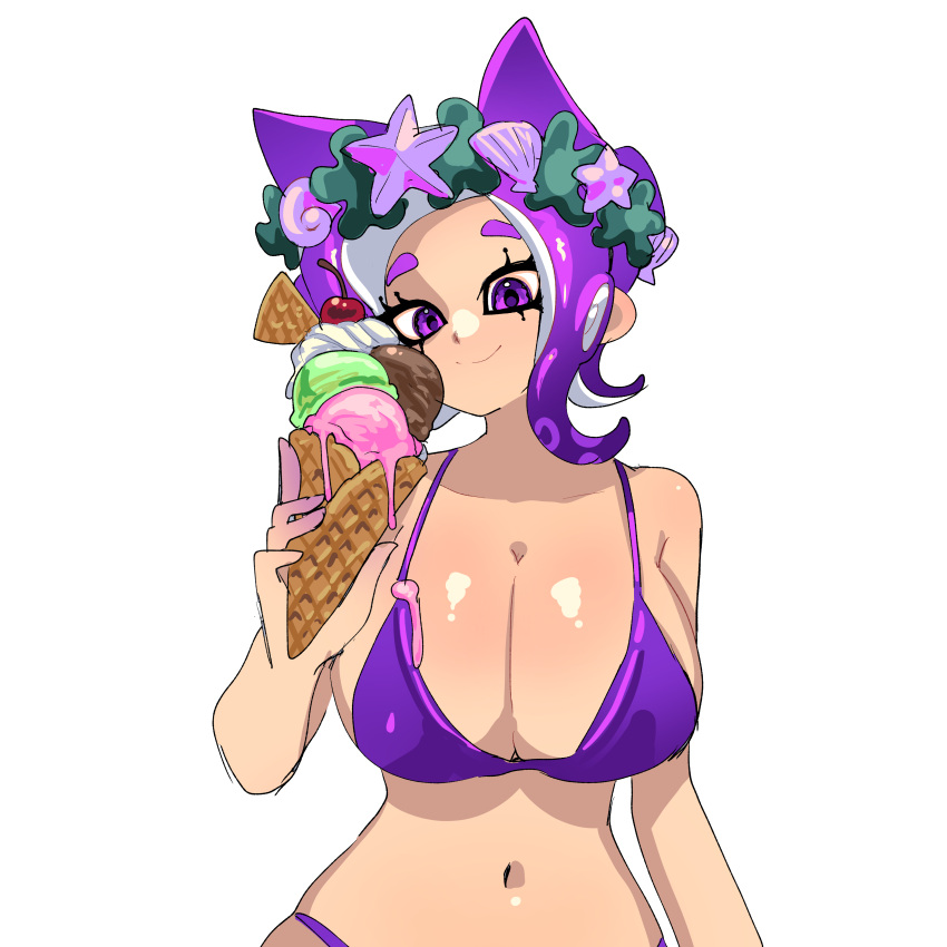 1girl 1girl aloha_(alohayeah) big_breasts bikini breasts cleavage ice_cream navel purple_bikini purple_eyes purple_hair short_hair splatoon tentacle_hair