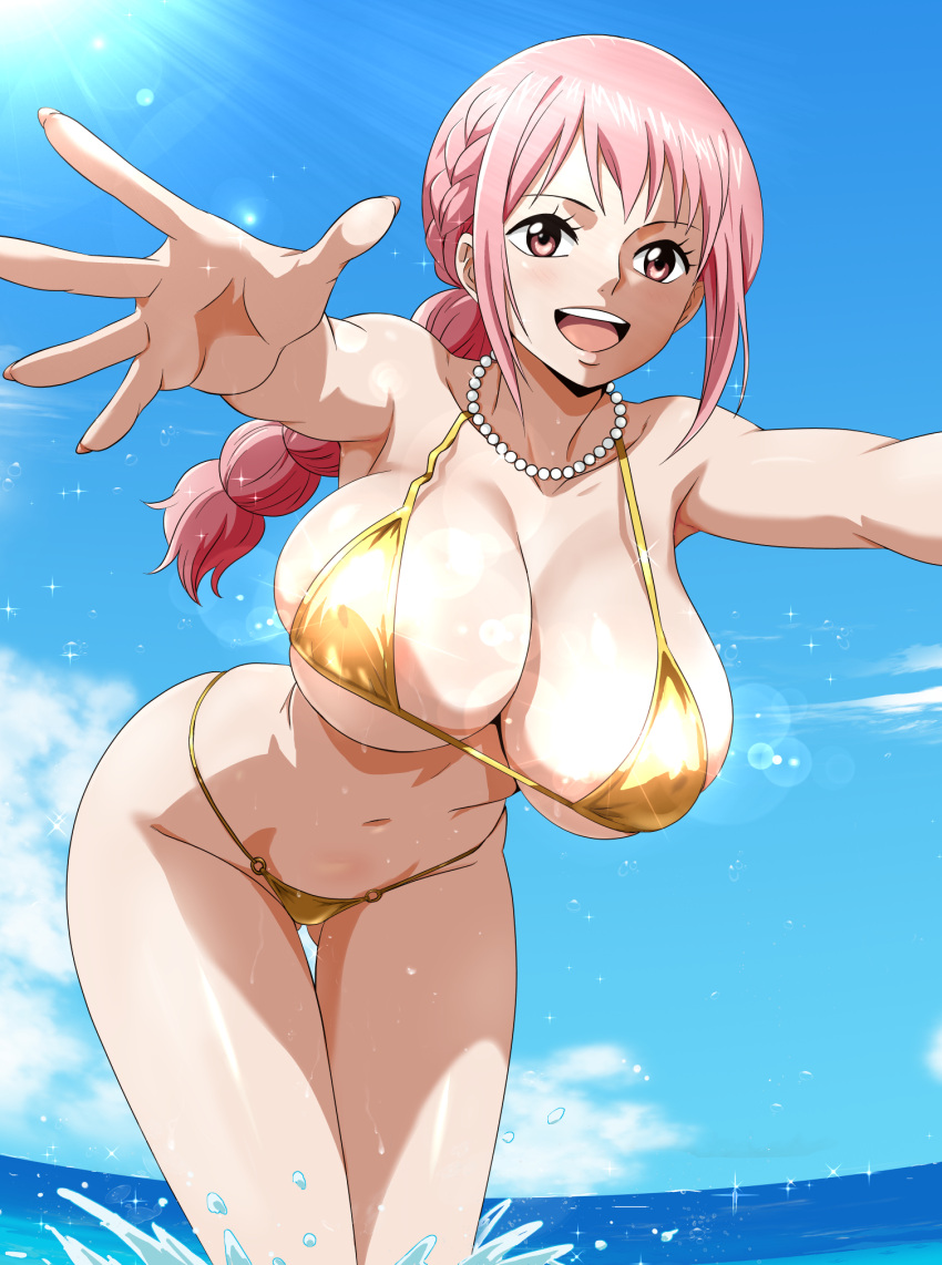 1girl 1girl :d alluring bent_over big_breasts bikini blue_sky braid braided_ponytail cleavage gluteal_fold gold_bikini halterneck hanging_breasts high_res jewelry leaning_forward long_hair looking_at_viewer minpei_ichigo navel necklace ocean one_piece open_mouth outside outstretched_arms pearl_necklace pink_hair rebecca_(one_piece) sky smile splashing string_bikini swimsuit thighs
