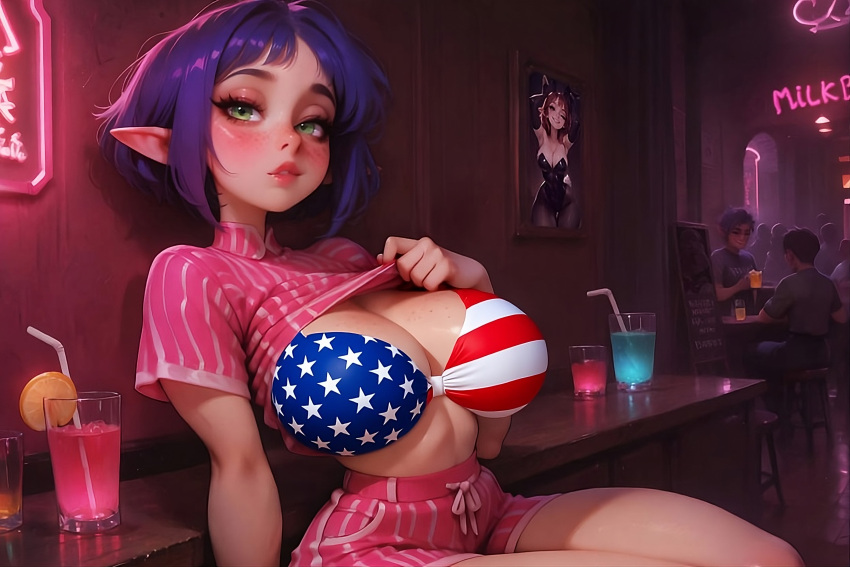 1girl 1girls american american_female american_flag_bikini bar big_breasts blush breasts cleavage crop_top drinks elf elf_ears fourth_of_july green_eyes indoors neon_lights original_character pointy_ears purple_hair seductive shirt_lift short_hair shorts sitting suggestive united_states_of_america