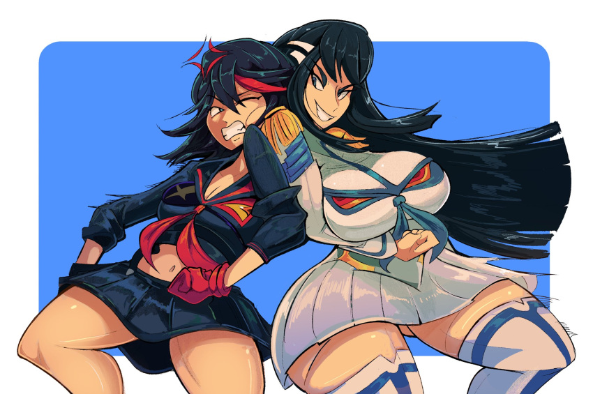 1girl 2_girls angry ass ass_visible_through_thighs bananawithas big_breasts black_hair blue_eyes breasts dark_hair huge_breasts junketsu kill_la_kill kiryuuin_satsuki long_hair matoi_ryuuko medium_breasts multicolored_hair senketsu short_hair thick_thighs