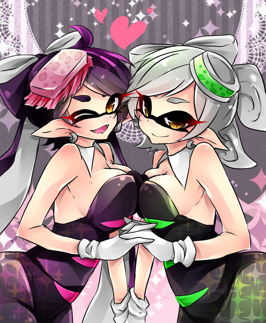 1girl 2_girls big_breasts breasts callie_(splatoon) detached_sleeves earrings gloves inkling inkling_girl long_hair looking_at_viewer marie_(splatoon) miiinatochanowo mole mole_under_eye nintendo one_eye_closed open_mouth pointy_ears short_hair splatoon squid_sisters tentacle_hair white_gloves wink winking_at_viewer yellow_eyes