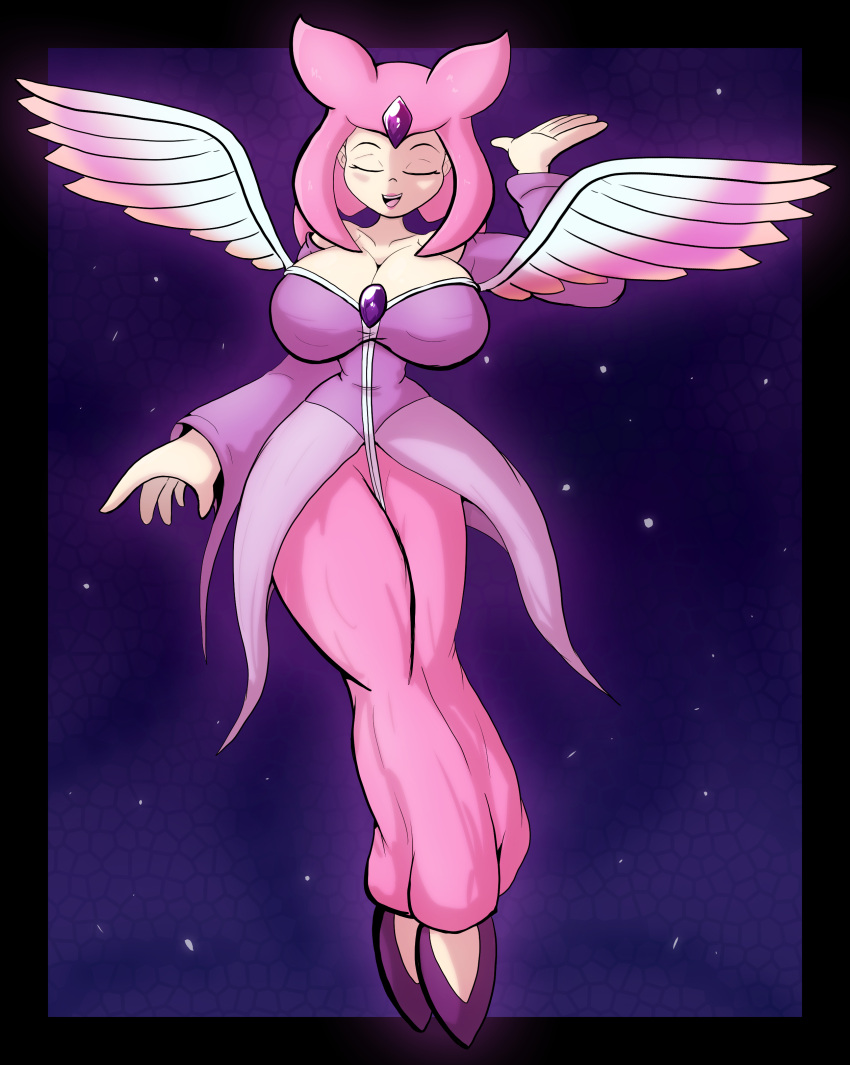 1girl 2025 angel_wings big_breasts breasts closed_eyes clothed clothed_female clothes clothing commission commission_art commissioner_upload deity dress ears goddess hudson_soft huge_breasts humanoid illumina_(sonic) light-skinned light-skinned_female light_skin pink_clothes pink_clothing pink_dress pink_lipstick purple_footwear purple_heels purple_shoes sawcraft1 sega solo_female sonic_shuffle wings