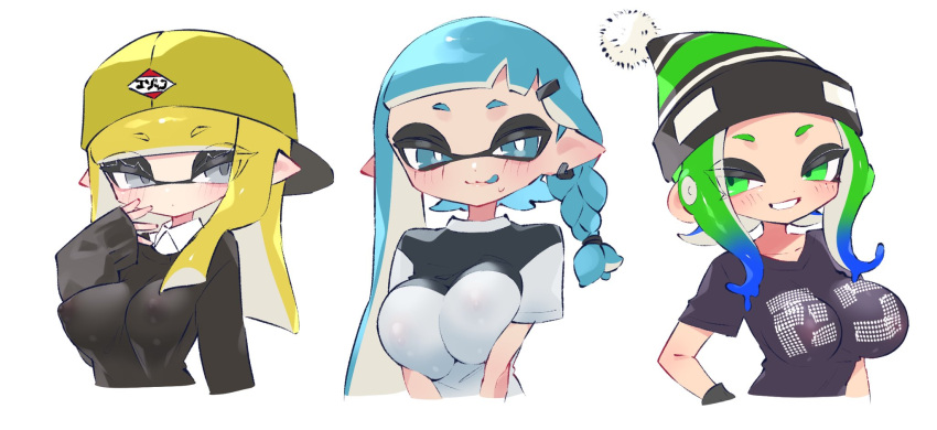 1girl 3_girls backwards_baseball_cap beanie big_breasts blue_hair braid braided_hair breasts cap female_focus green_hair inkling inkling_girl light-skinned_female light_skin long_sleeves mev_(mevlingo) nintendo octoling octoling_girl original_character pointy_ears shirt splatoon tentacle_hair twitter_link vaz_999 yellow_hair