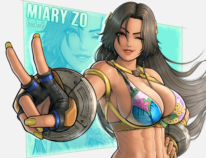 1girl abs athletic_female bandai_namco beautiful big_breasts bra brown_hair cleavage dark-skinned_female dark_skin erodrunky female_abs fit fit_female gorgeous hot long_hair miary_zo namco namco_bandai peace_gesture peace_sign peace_symbol sexy standing standing_up tekken tekken_8 toned toned_belly toned_body toned_female toned_stomach twitter v v_sign